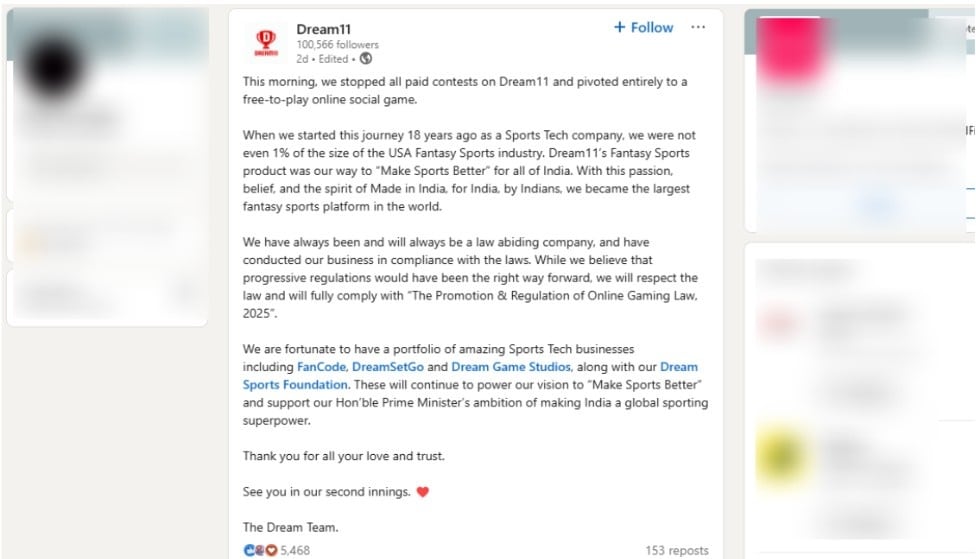  Dream11 LinkedIn Statement