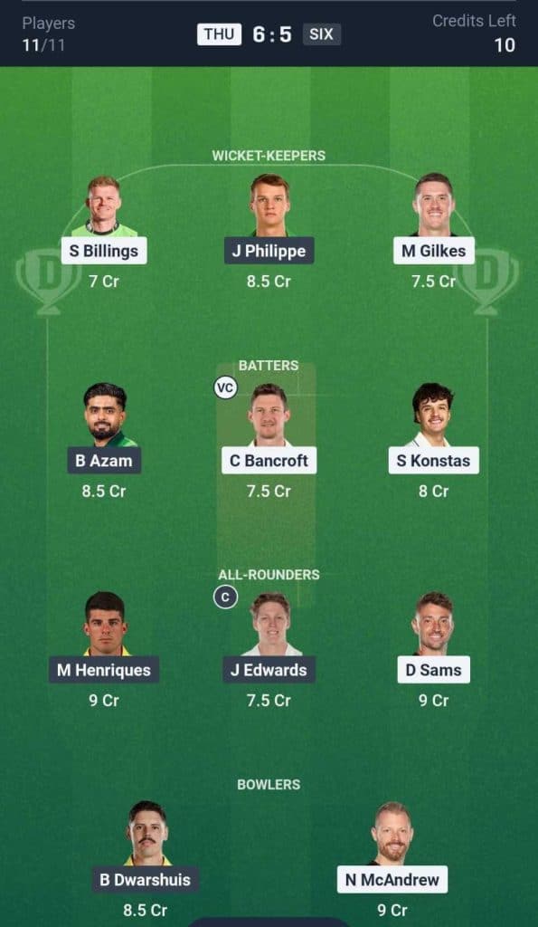 THU vs SIX Dream11 Prediction Team BBL